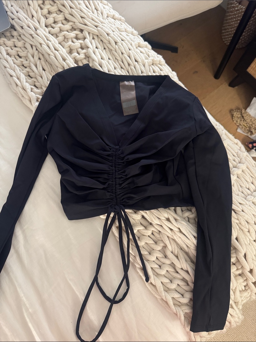 Black Ruched Drawstring Long-Sleeve Top - Women